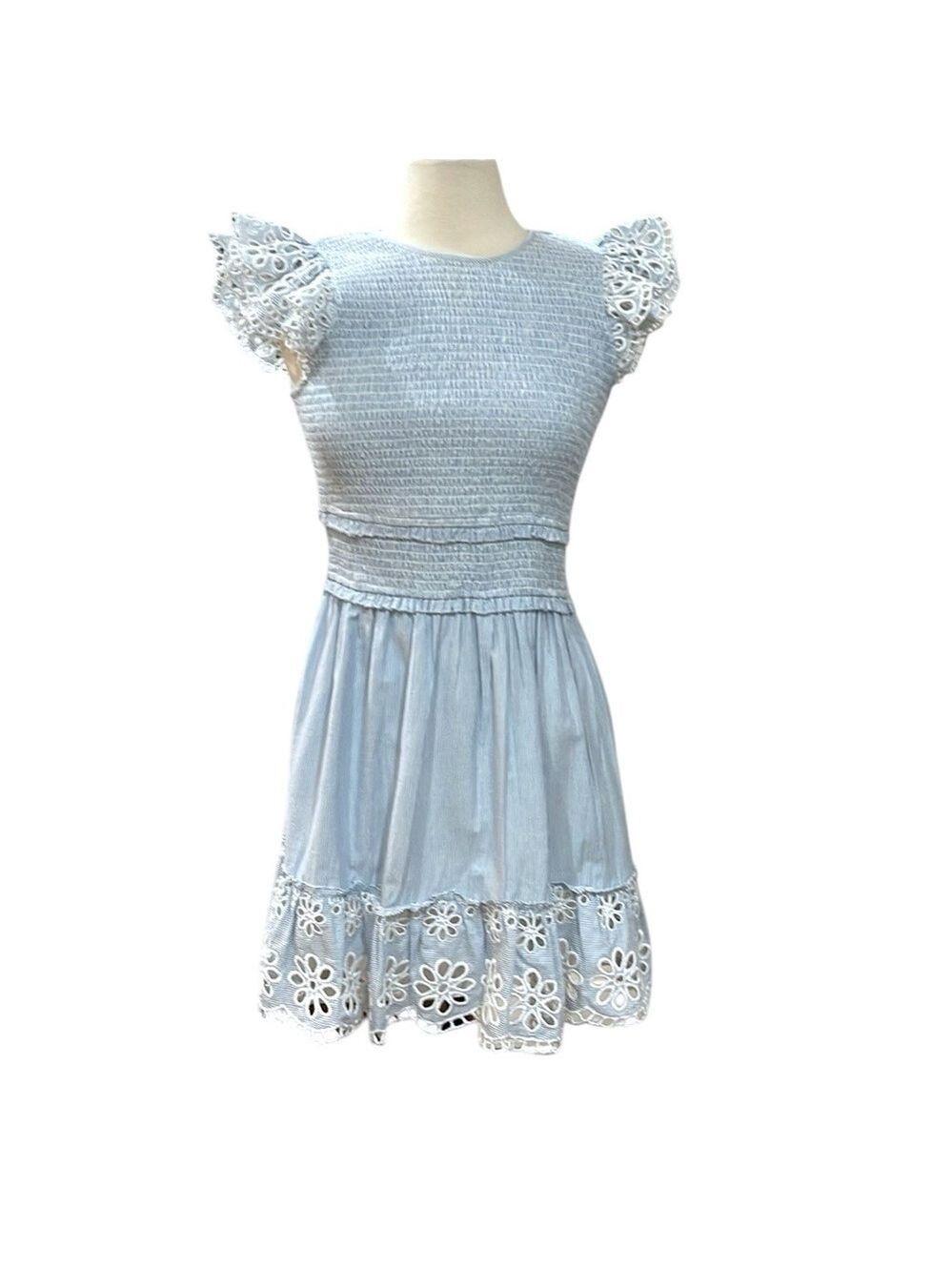 SAYLOR Zinnia Smocked Eyelet Mini Dress Yankee Pinstripe SZ M Blue White - Picture 5 of 10